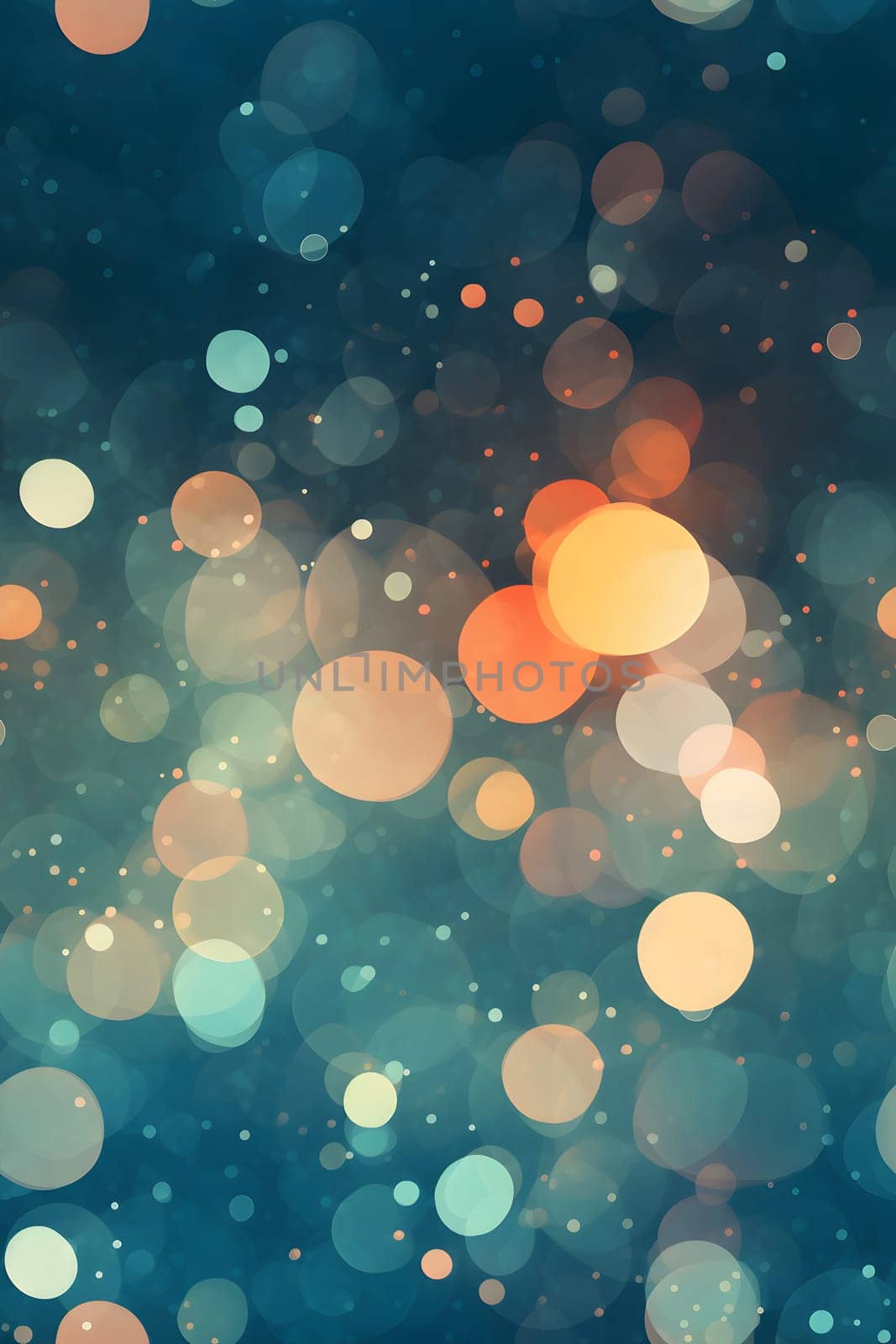 Abstract seamless texture, background and wallpaper of bokeh circles, flying microscopic dust particles in contrast color scheme. Neural network generated image. Not based on any actual person or scene.