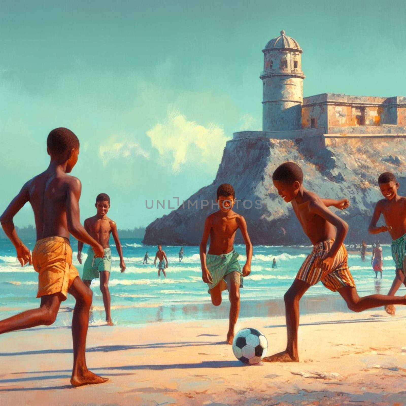 boys playing soccer and having fun in the beach illustration art by verbano
