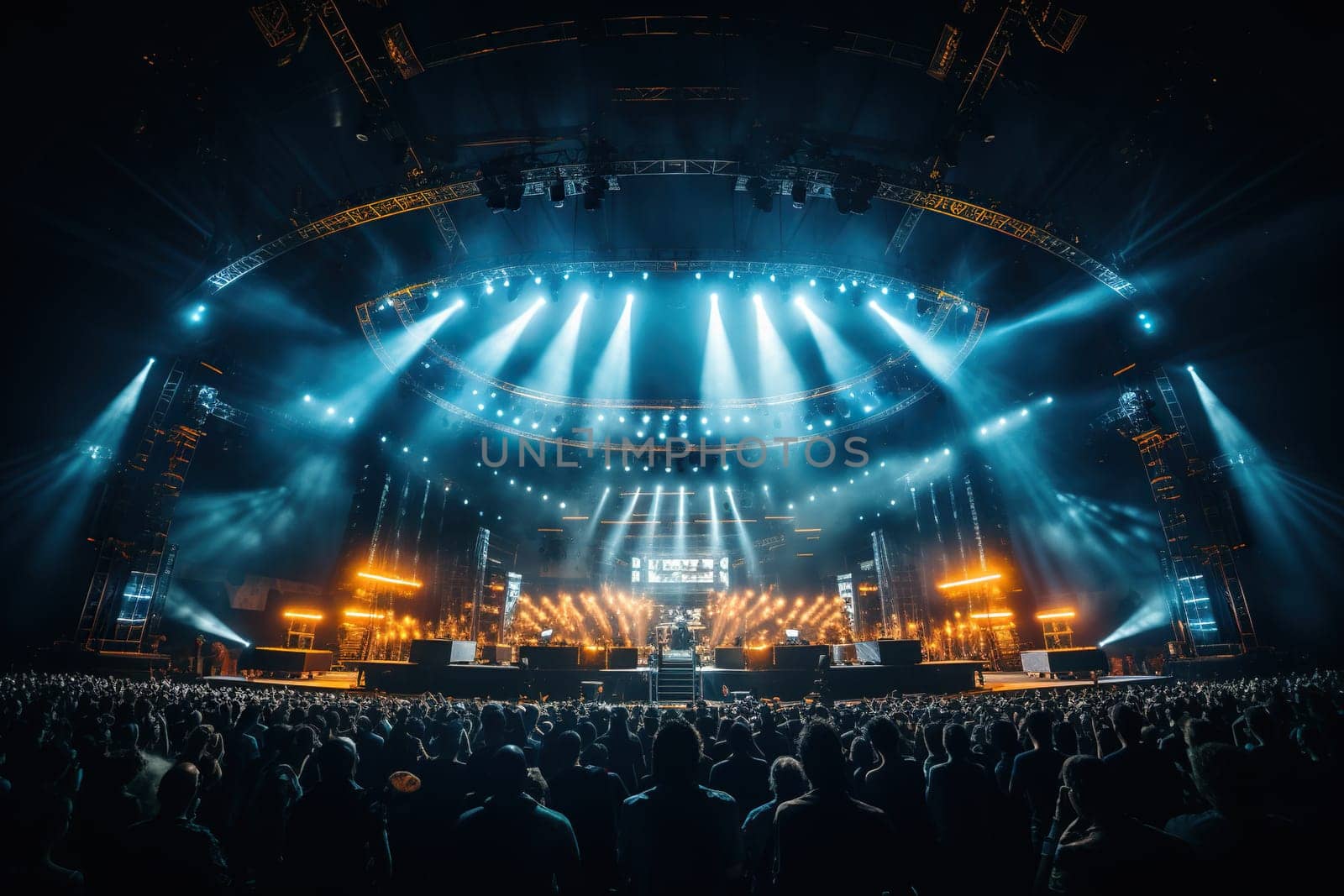 Rock concert, silhouettes of people in the bright rays of spotlights.