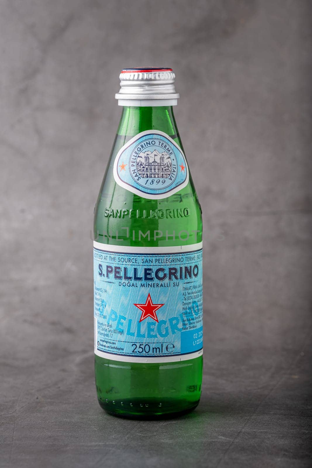 Antalya, Turkey - October 27, 2023: S. Pellegrino sparkling natural mineral water. Bottled at the San Pellegrino thermal spring in Bergamo, Italy