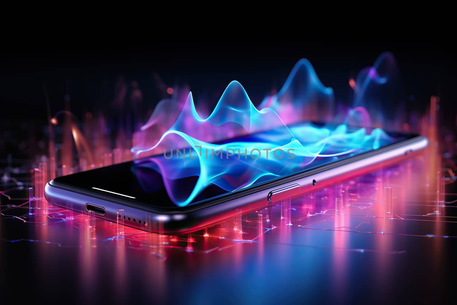 Abstract image of neon sound waves over a smartphone. Music and entertainment concept.