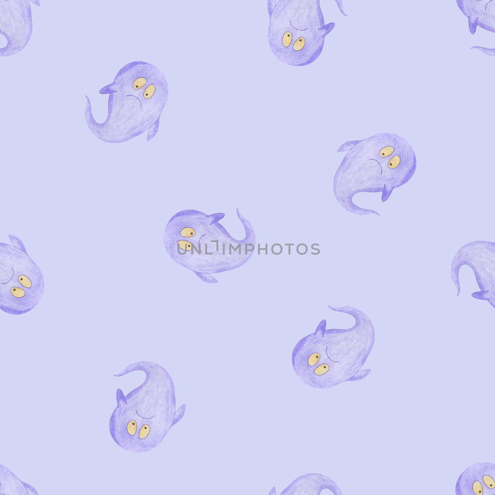 Hand Drawn Halloween Background. Halloween Seamless Pattern with Ghosts Drawn by Colored Pencils.