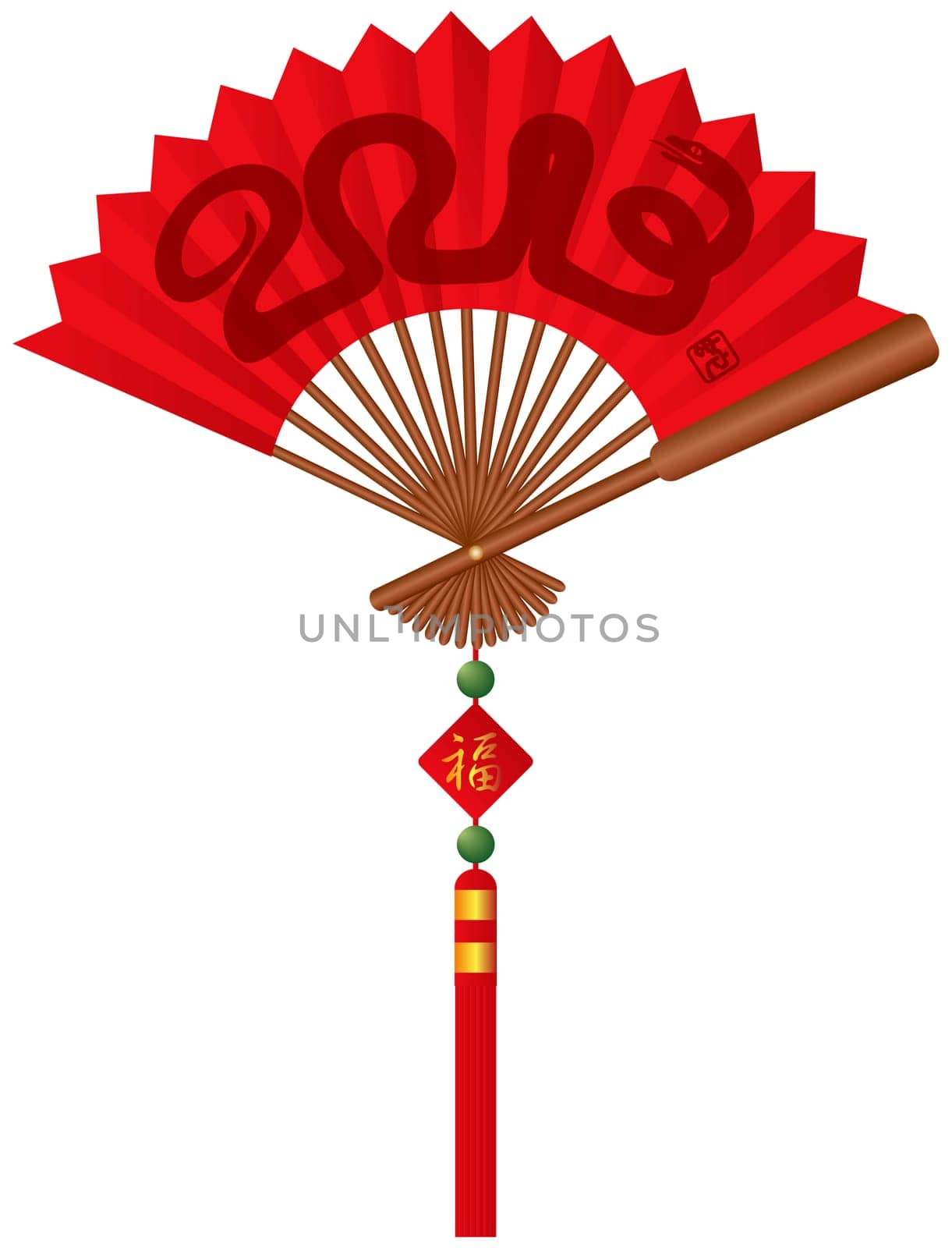 2013 Chinese New Year of the Snake on Red Chinese Paper Fan with Tassel Jade Beads and Sign with Good Fortune Text Illustration