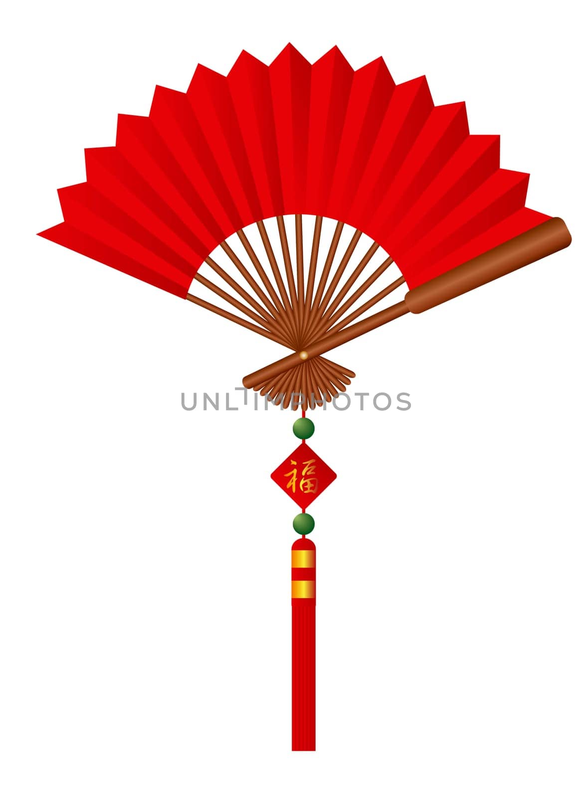 Red Chinese Paper Fan with Tassel Jade Beads and Sign with Good Fortune Text Illustration