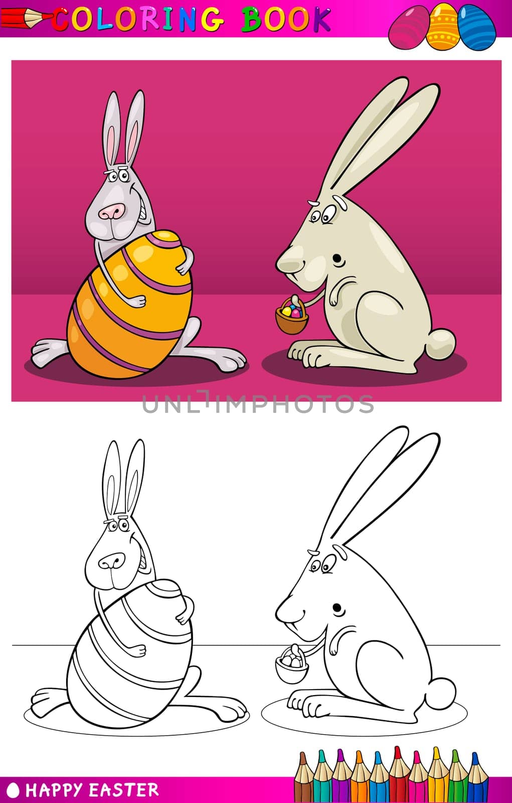Coloring Book or Page Cartoon Illustration of Easter Bunny with Big Egg and another with Basket of Small Eggs