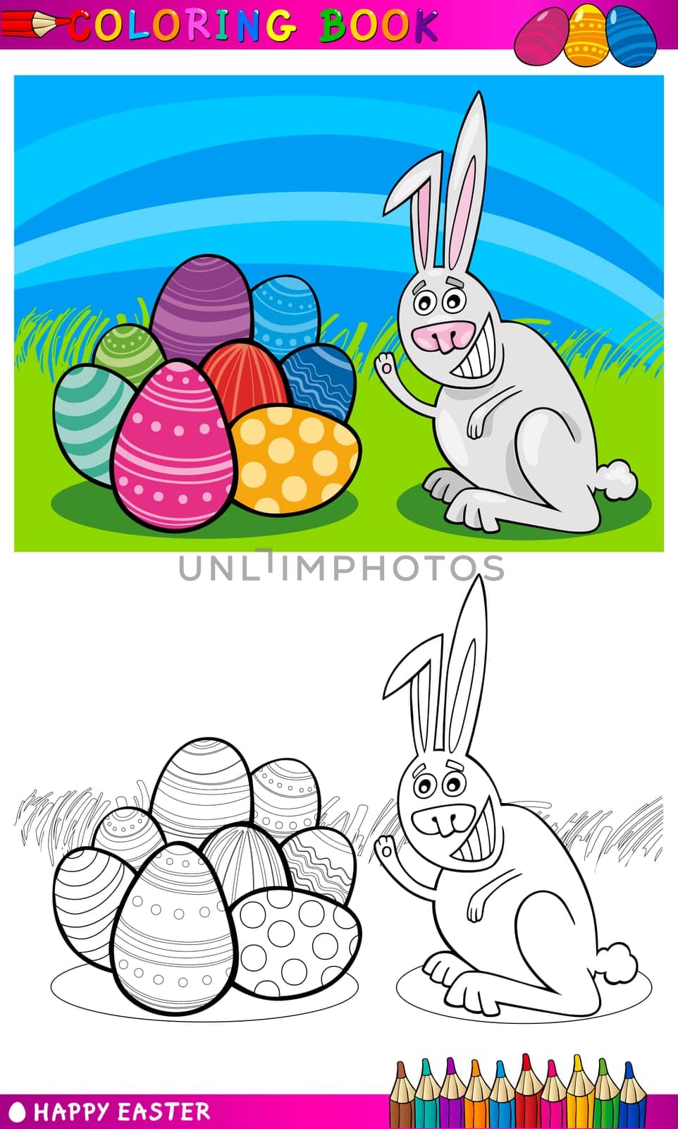 Coloring Book or Page Cartoon Illustration of Easter Bunny with Painted Eggs