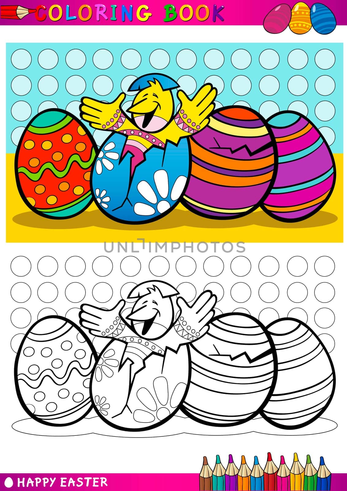 Coloring Book or Page Cartoon Illustration of Easter Little Chick or Chicken hatched from Egg and Painted Easter Eggs