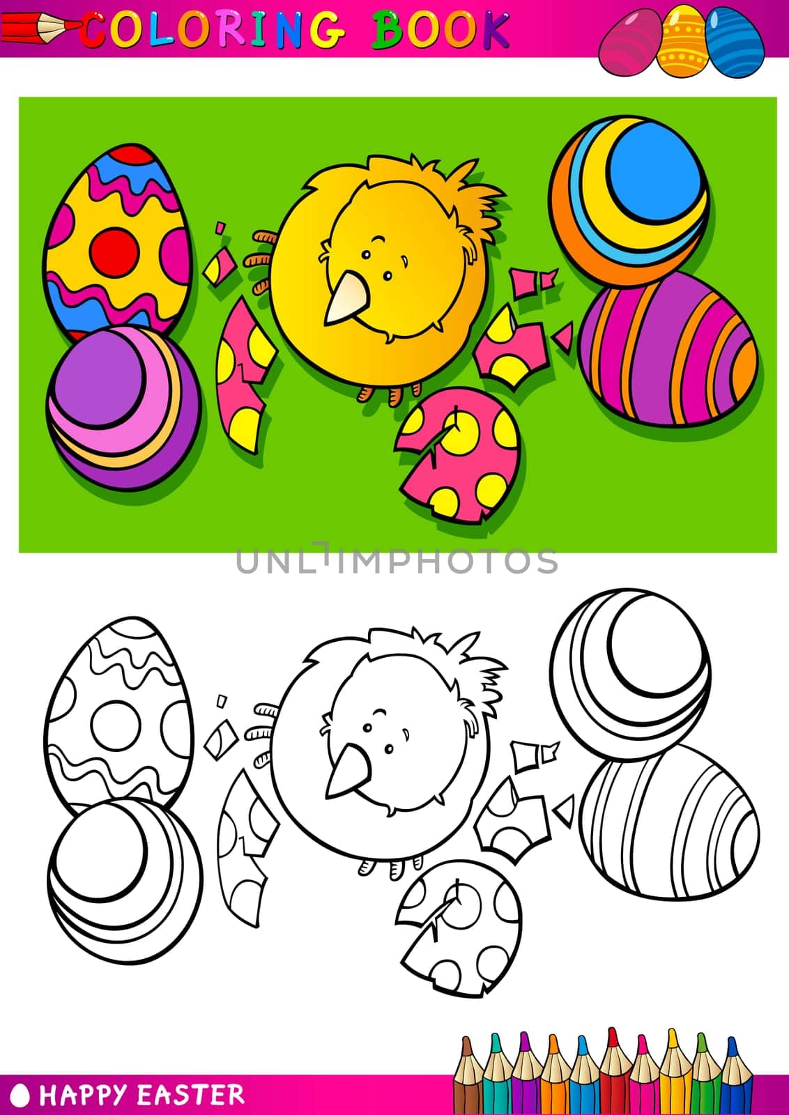 Coloring Book or Page Cartoon Illustration of Easter Little Chick or Chicken hatched from Egg and Painted Easter Eggs