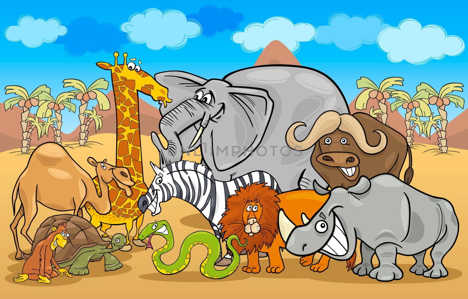 Cartoon Illustration of Funny Safari Wild Animals Group against Blue Sky and African Landscape