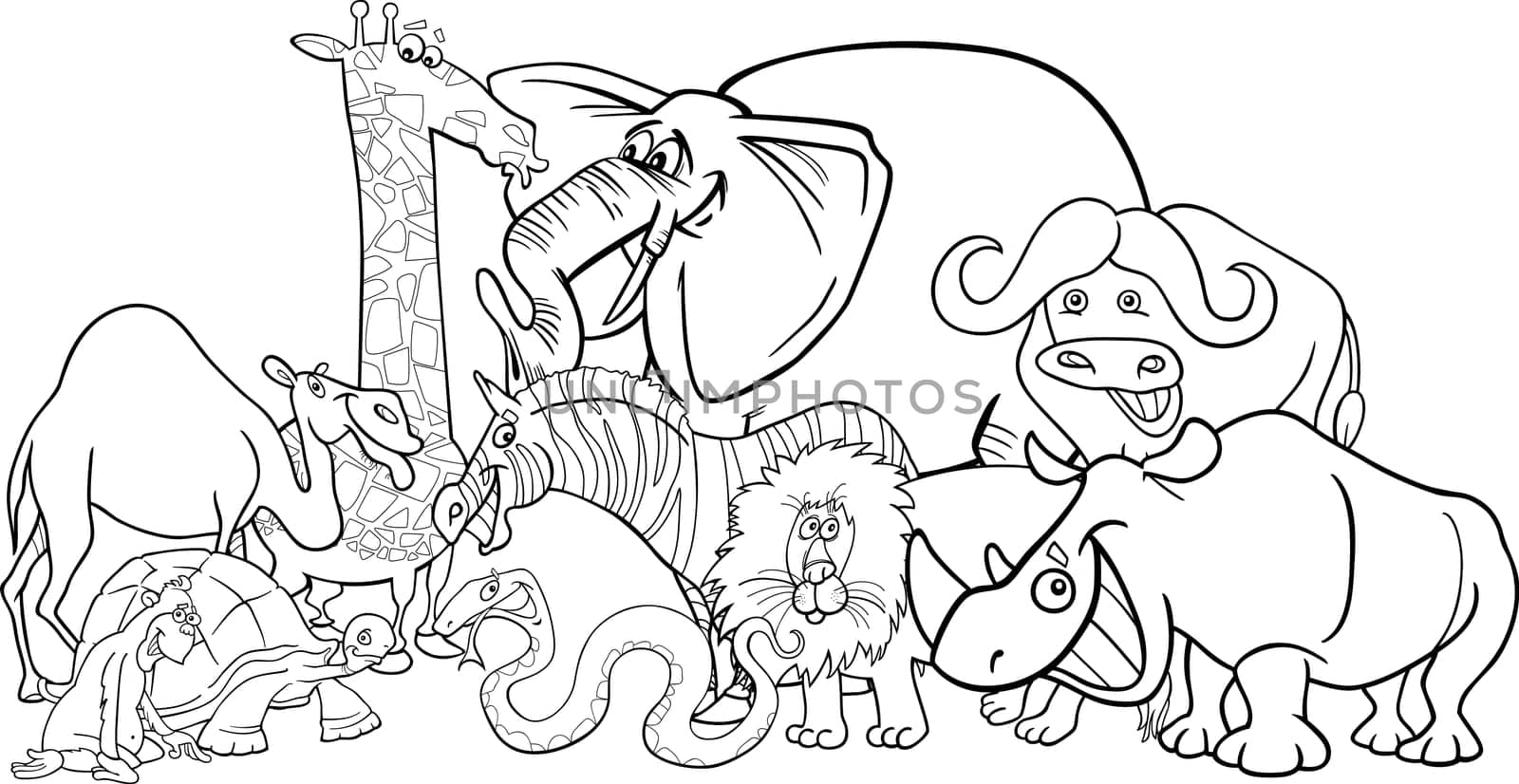 Black and White Cartoon Illustration of Funny African Safari Wild Animals Group for Coloring Book