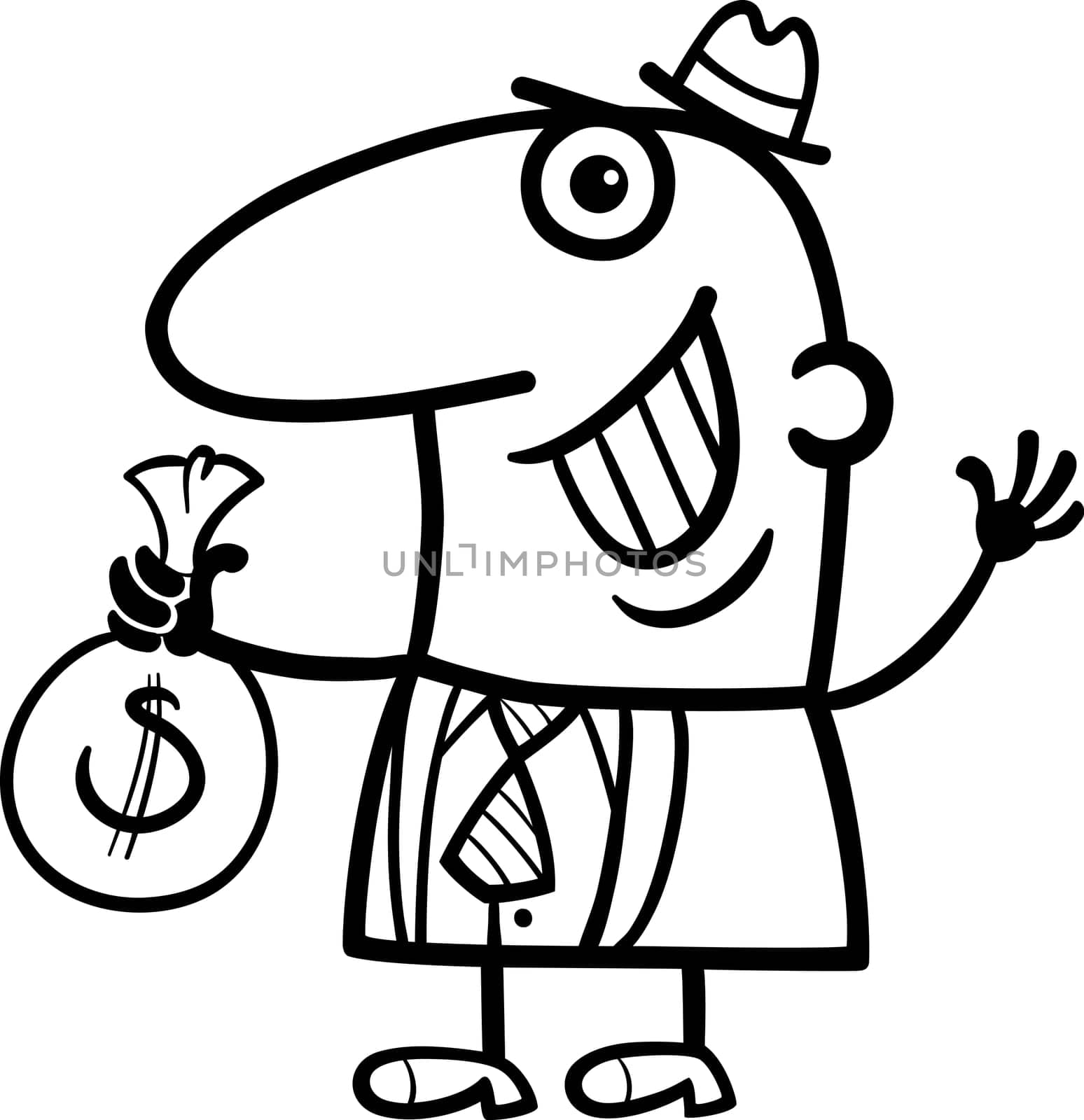 Black and White Cartoon Illustration of Happy Man or Businessman with Bag of Money in Cash