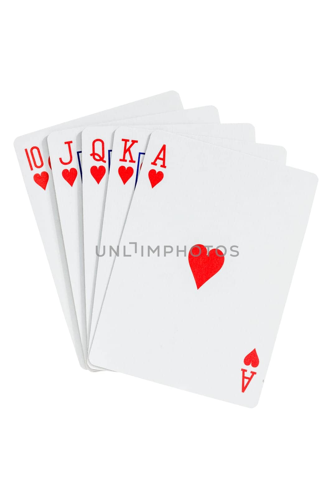 Royal straight flush playing cards poker hand in hearts