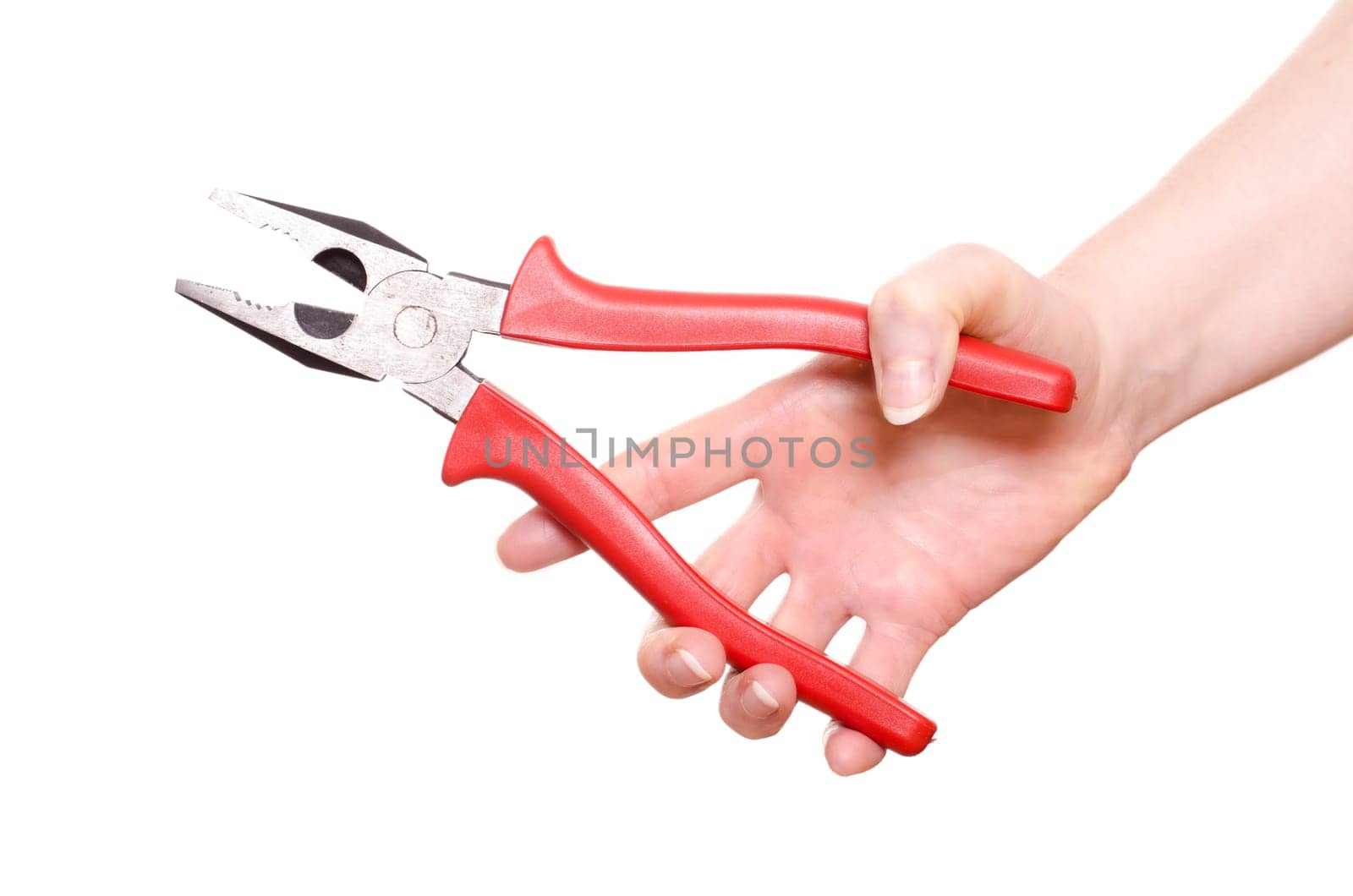 White isolated hand holding combination pliers