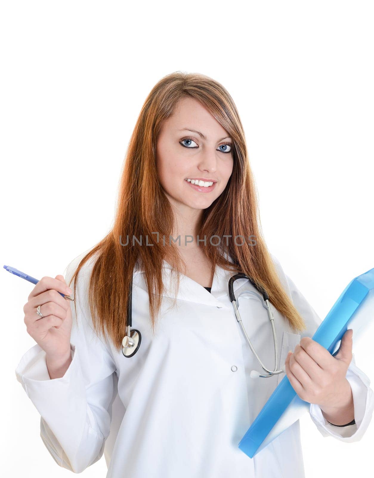 Pretty female doctor isolated writing notes