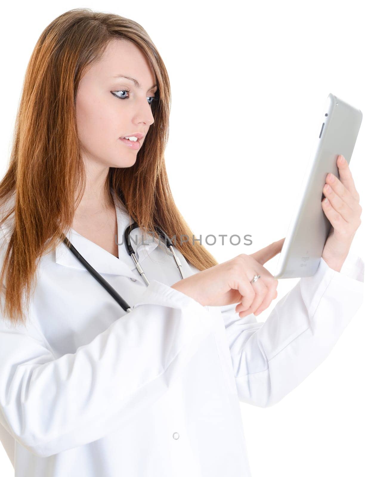 Pretty female student doctor working with an digital tablet