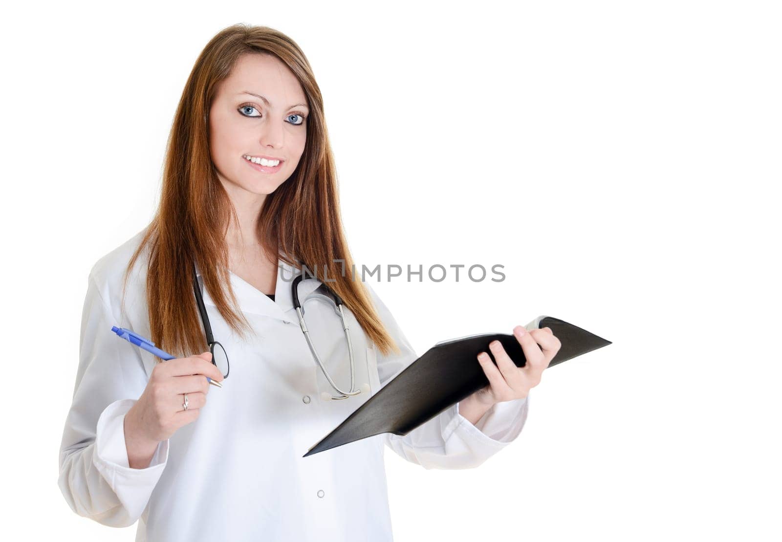 Pretty female doctor isolated writing in a Planner