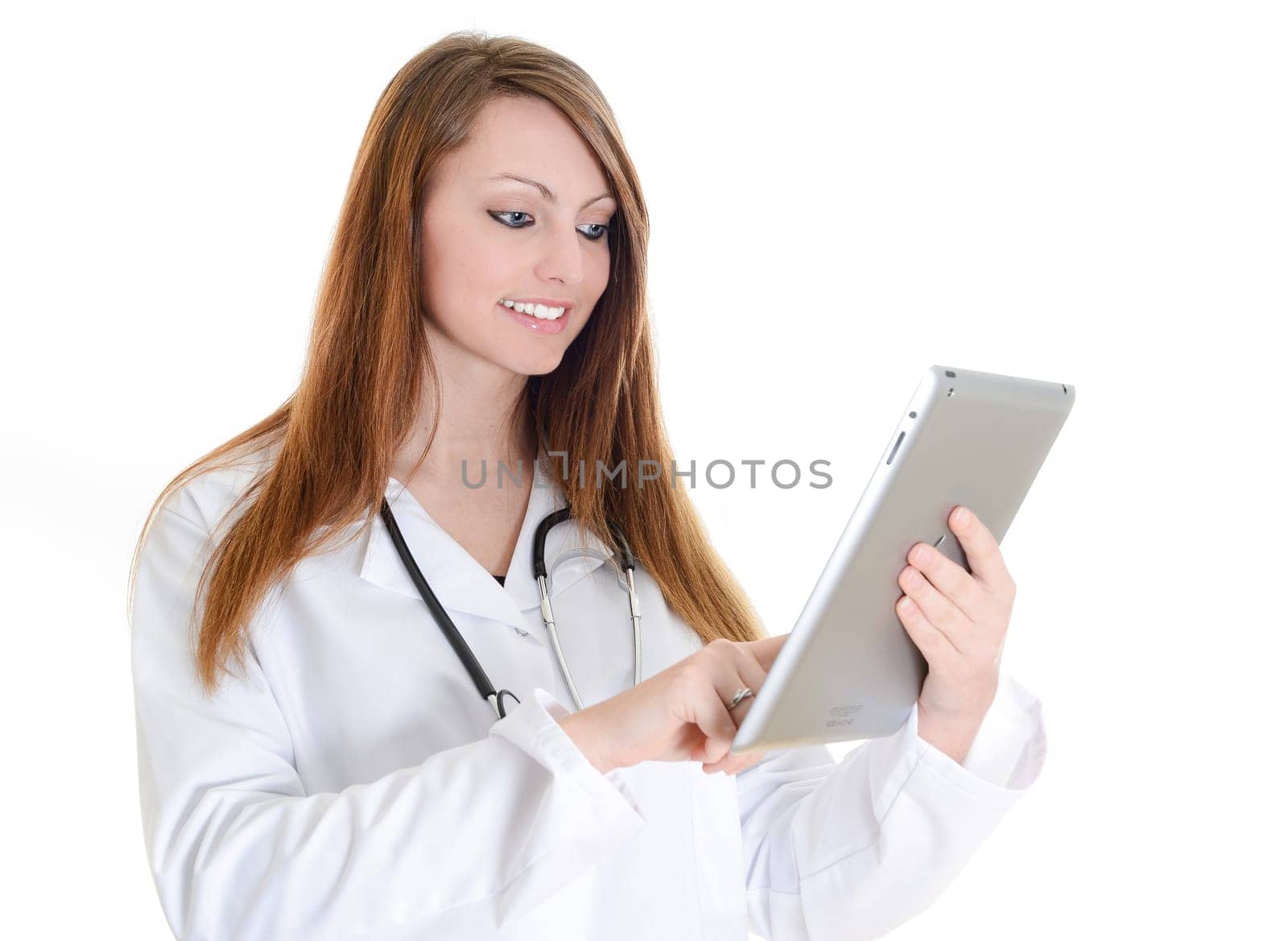 Pretty female student doctor working with an digital tablet