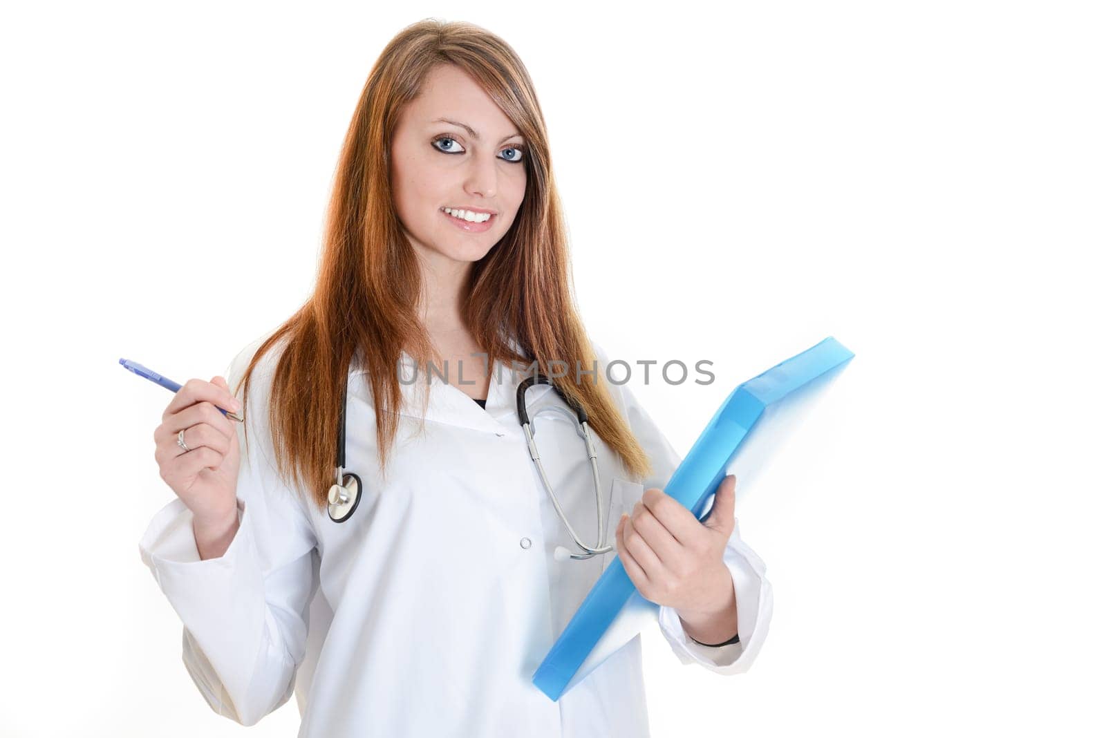Pretty female doctor isolated writing notes