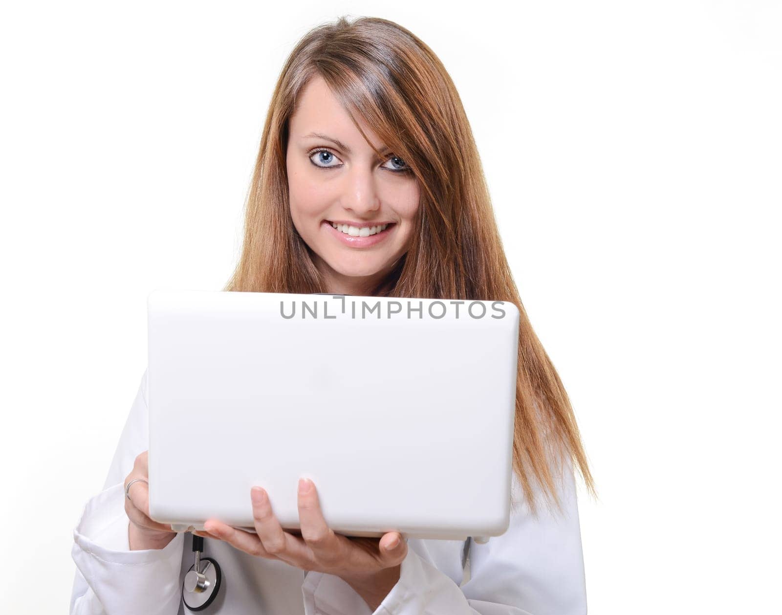 Pretty female student doctor working with notebook