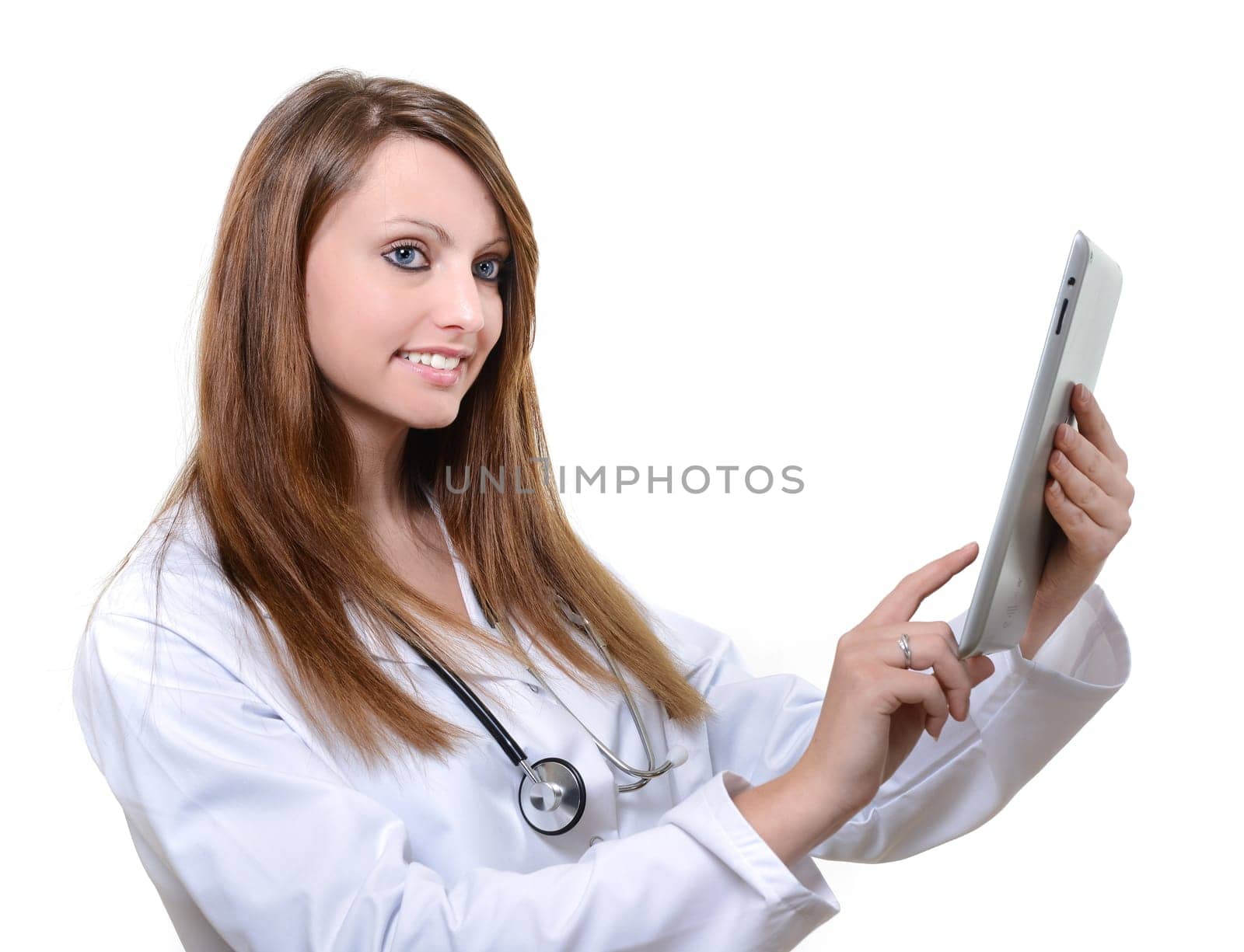 Pretty female student doctor working with an digital tablet