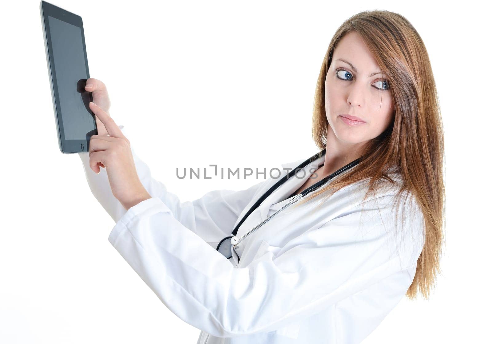 Pretty female student doctor working with an digital tablet