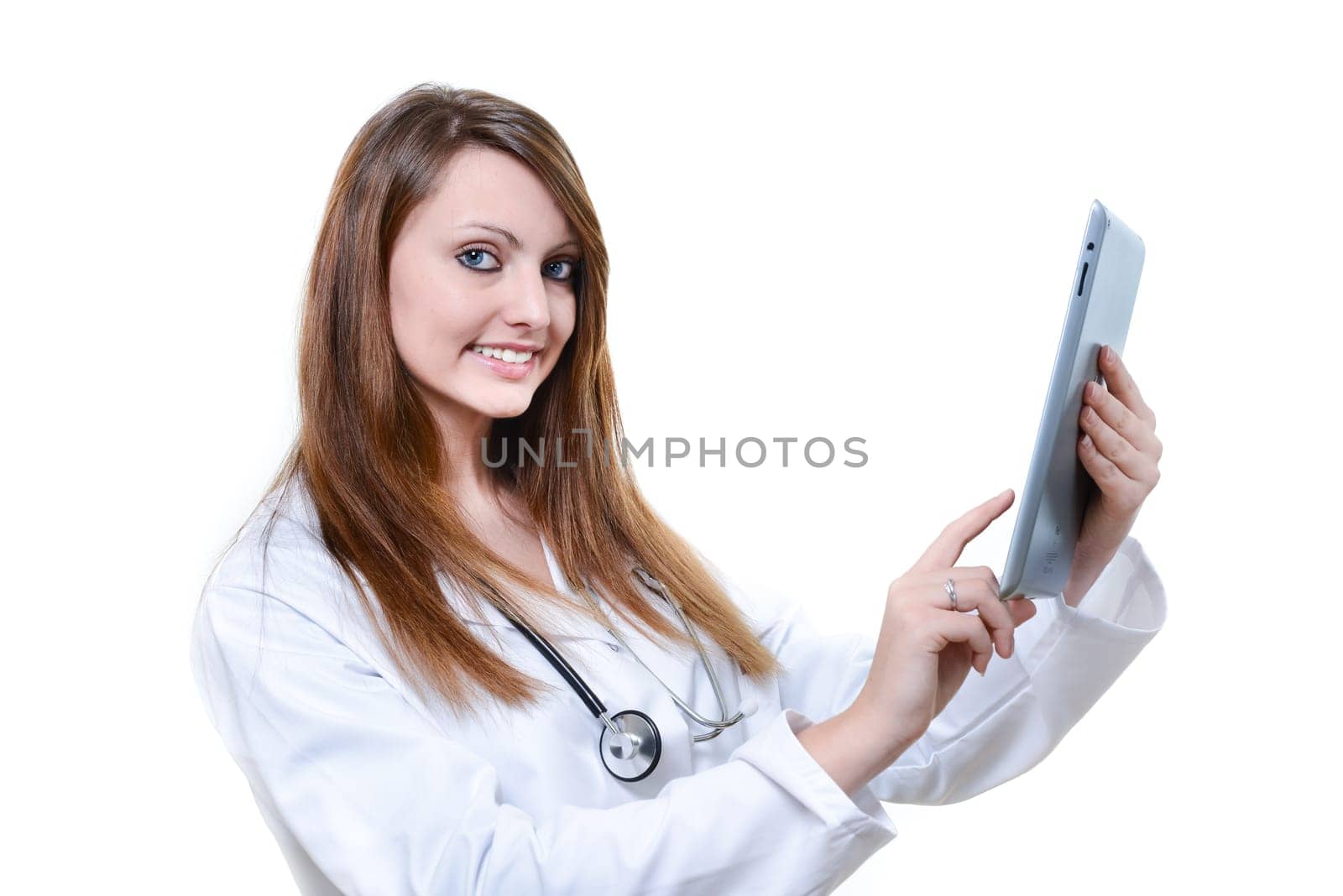 Pretty female student doctor working with an digital tablet