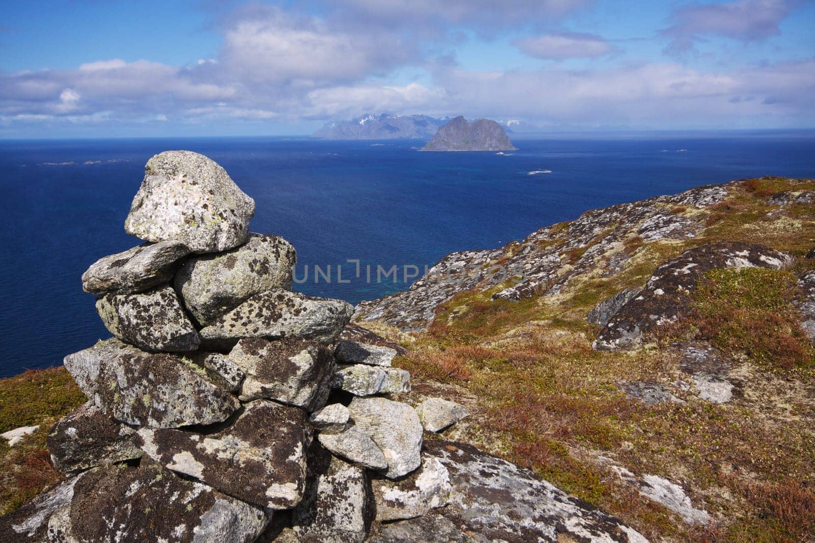 Pile of rocks on the top of island Vaeroy on Lofoten islands in Norway