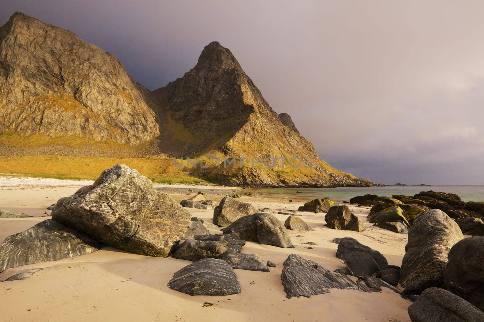 Scenic sandy beach on Lofoten islands in arctic Norway