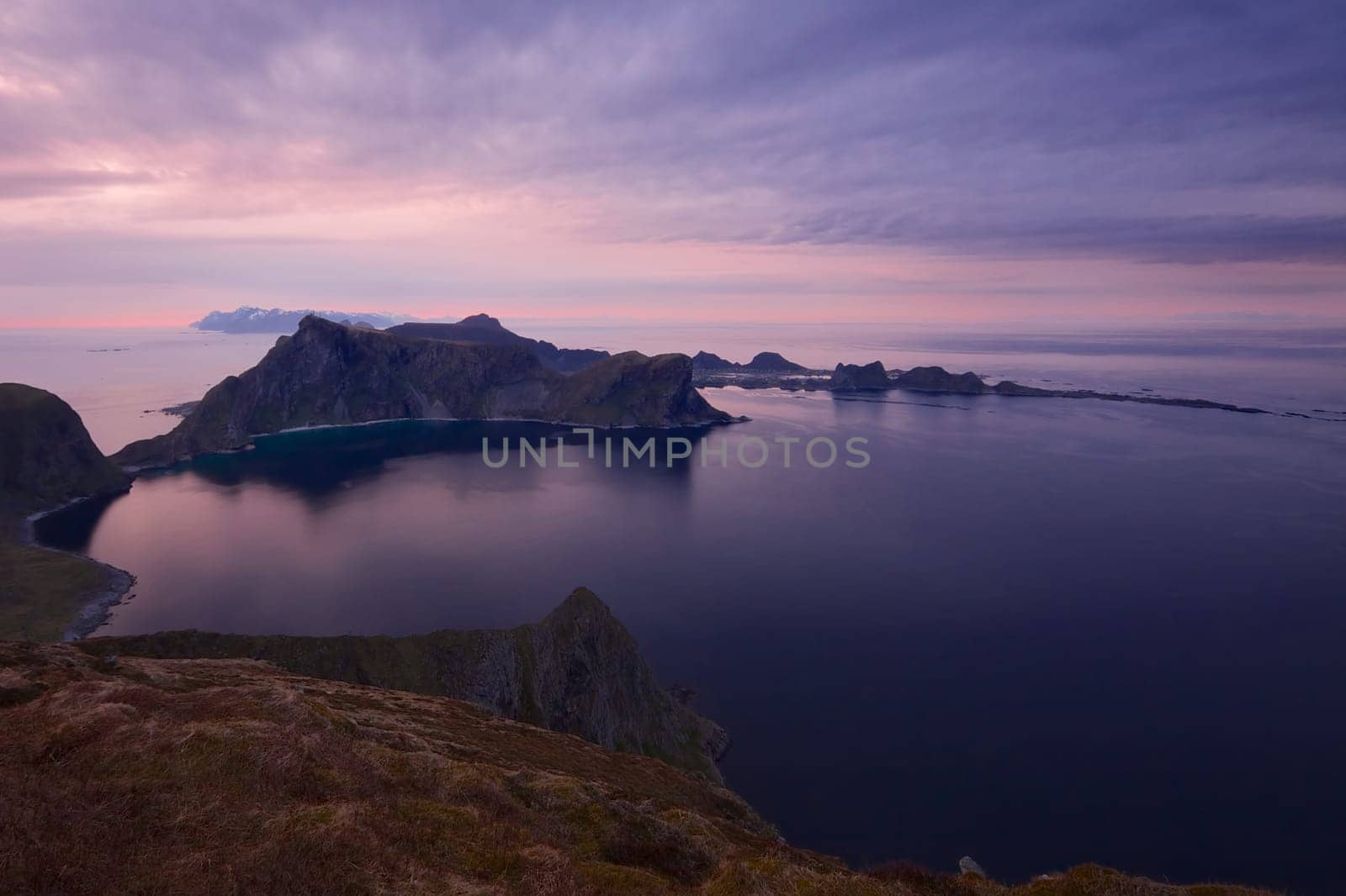 Midnight sun on Lofoten islands in Norway