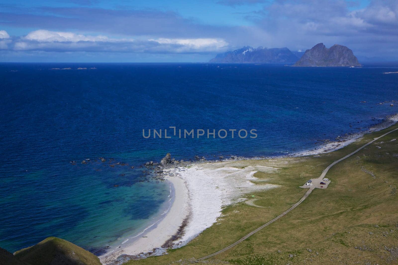 Birds eye view of scenic sandy beach on Lofoten islands in arctic Norway