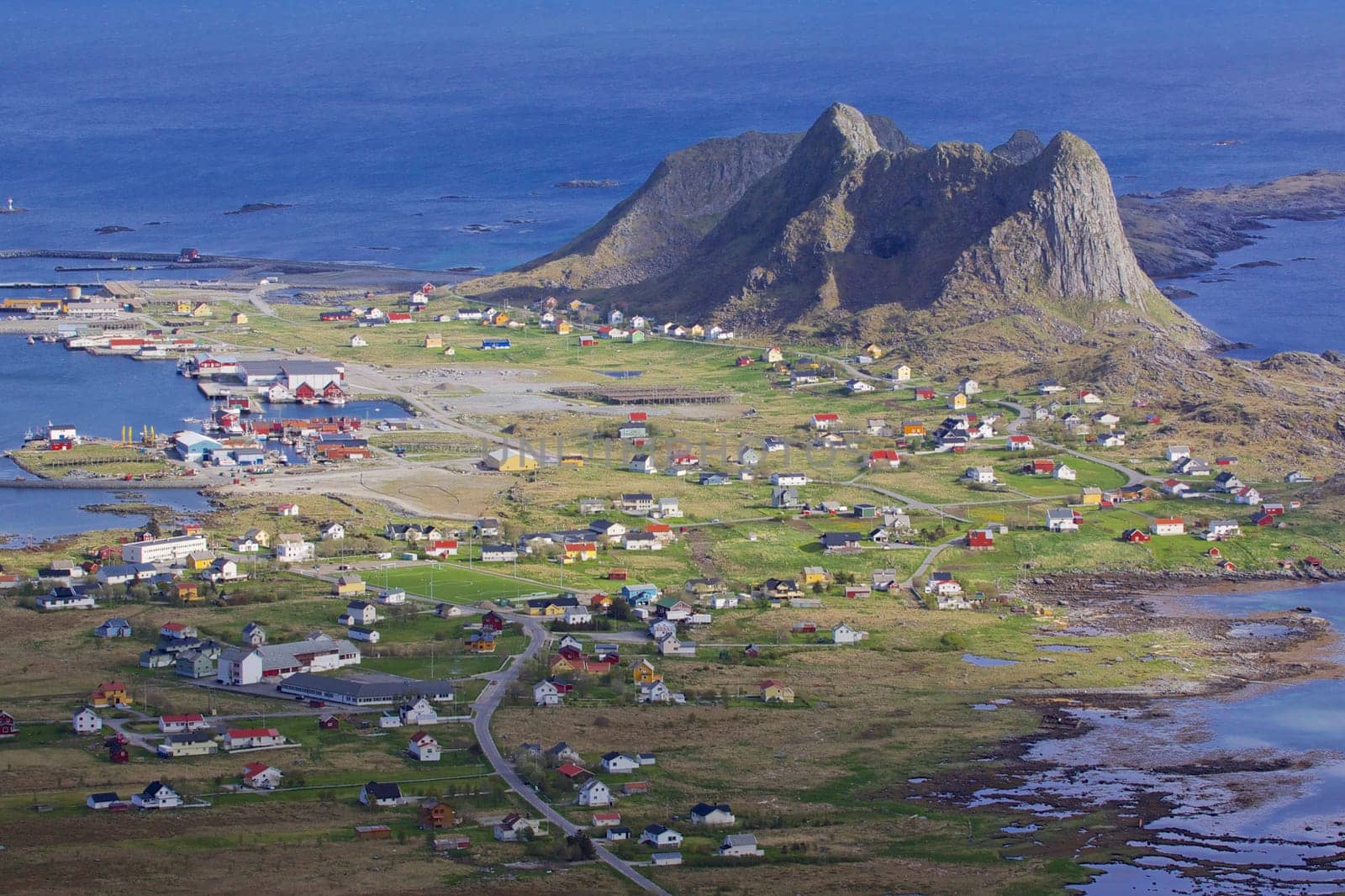 Aerial view of picturesque town Sorland on Lofoten islands in Norway