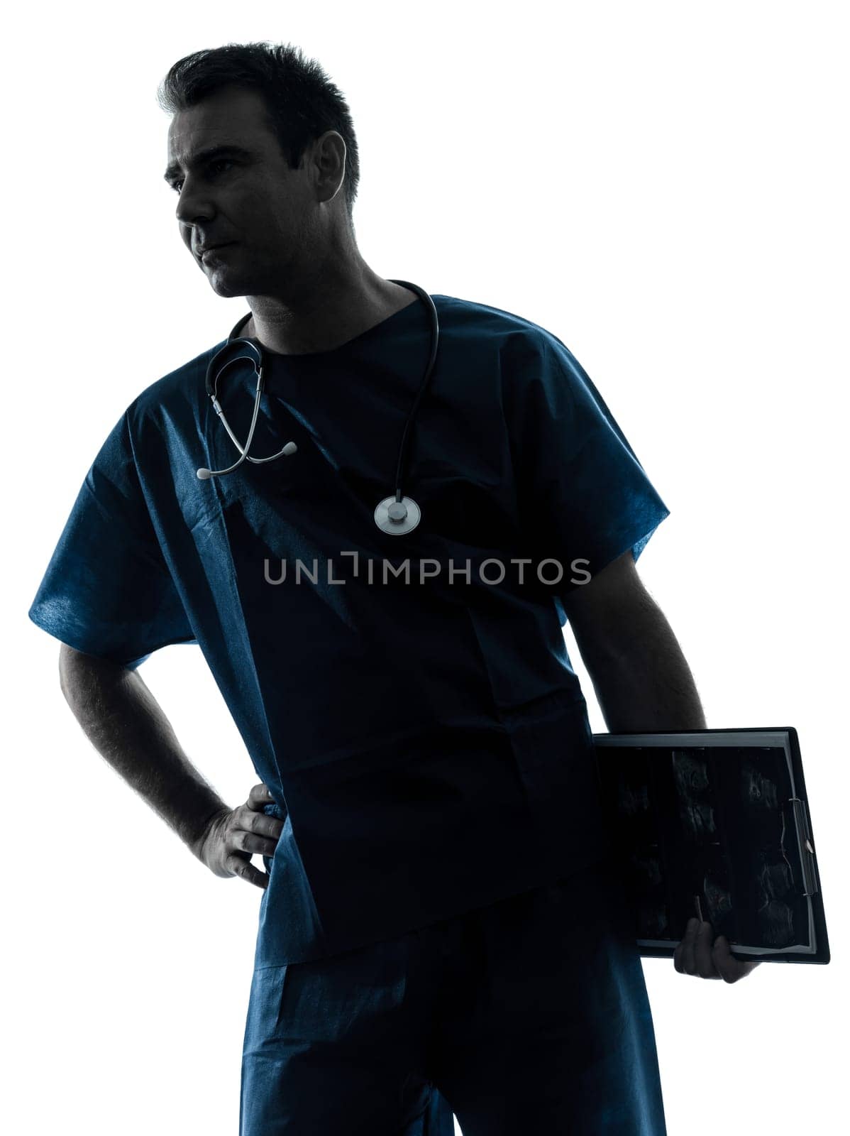 one caucasian man doctor surgeon medical worker portrait silhouette isolated on white background