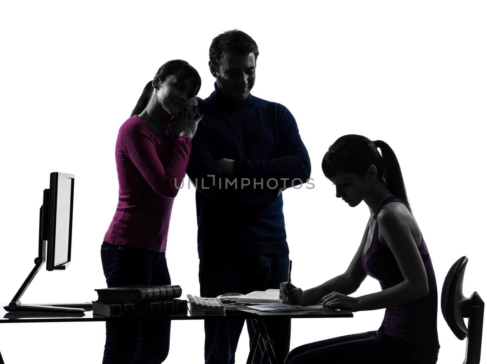 one caucasian family father mother proud satisfaction daughter   homework  in silhouette studio isolated on white background