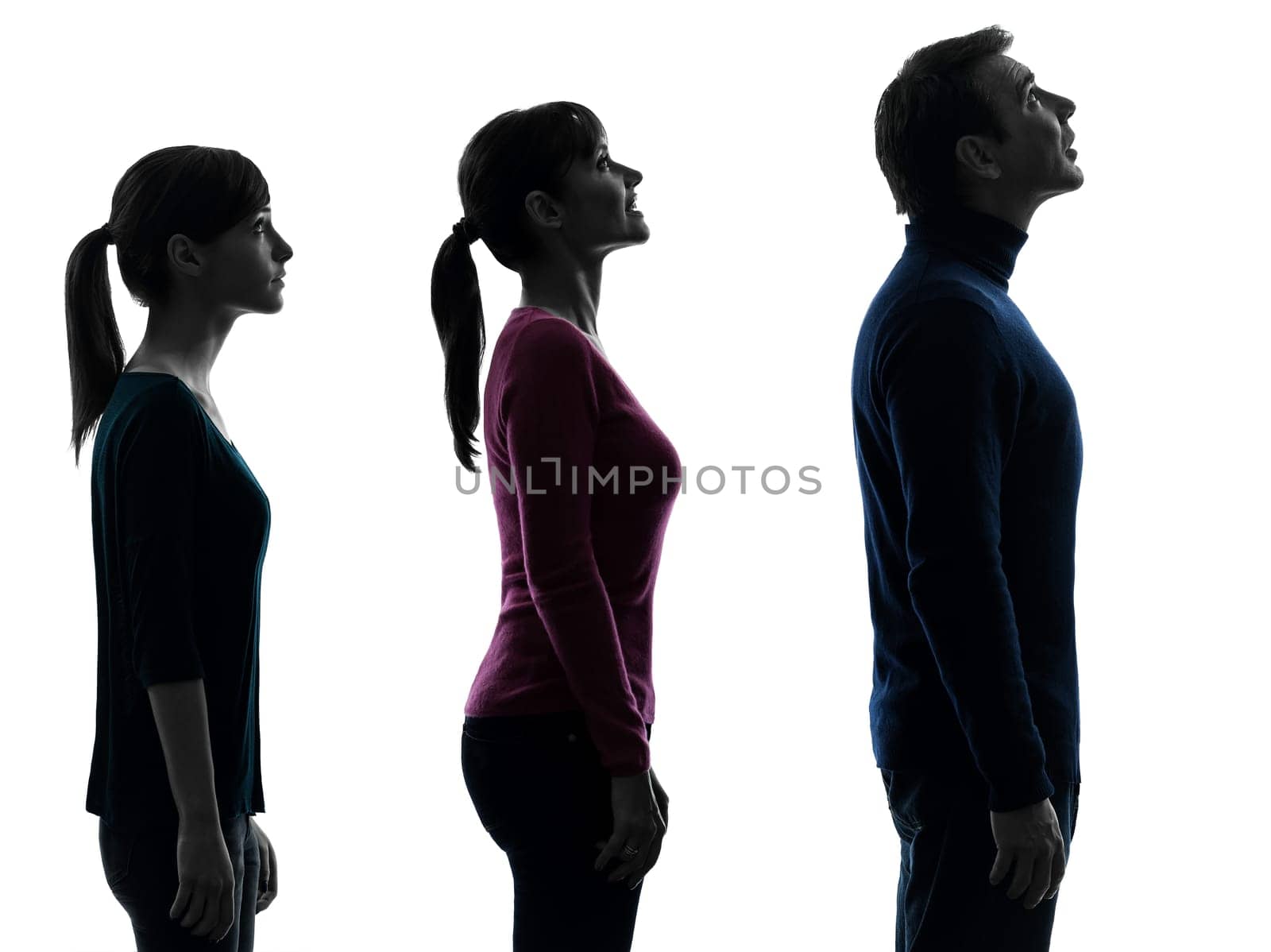 one caucasian family father mother daughter man looking up surprised in silhouette studio isolated on white background