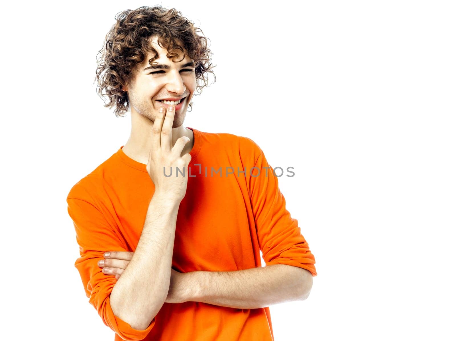 one young man caucasian looking away portrait  in studio white background