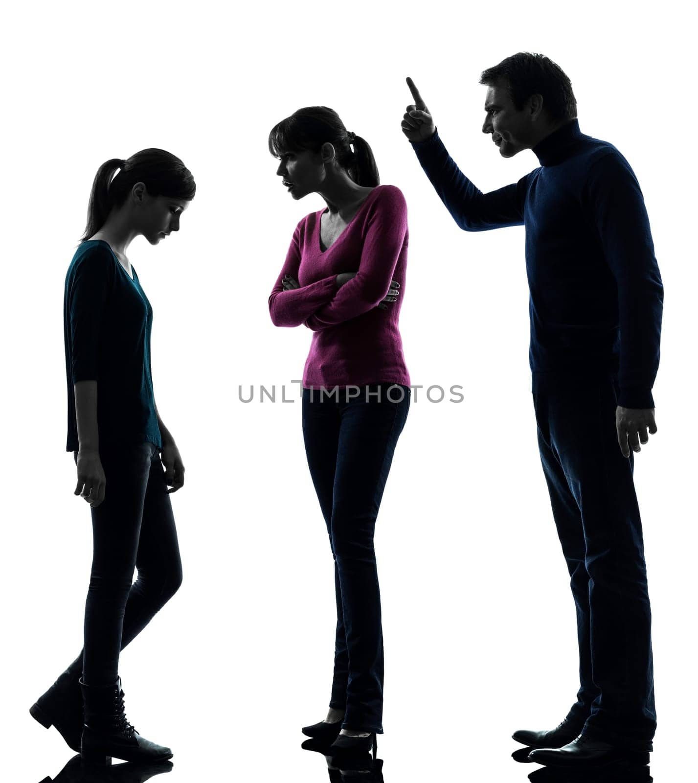one caucasian family father mother daughter man dispute reproach in silhouette studio isolated on white background