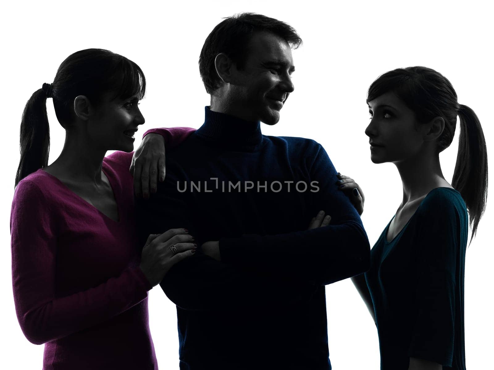 one caucasian family father mother daughter daughter happy portrait  in silhouette studio isolated on white background