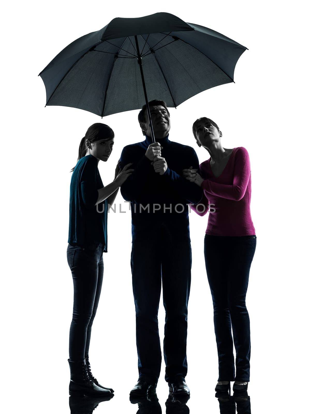one caucasian family father mother daughter man under umbrella  danger afraid  in silhouette studio isolated on white background