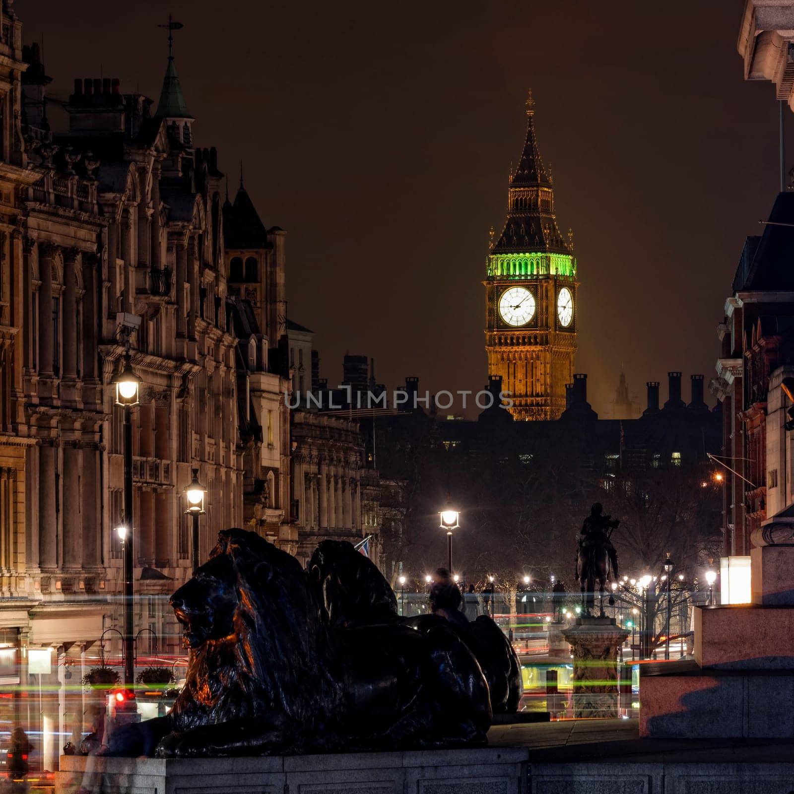 Elizabeth Tower also known as the Clock Tower seen from Trafalgar Square at night, London, England, UK