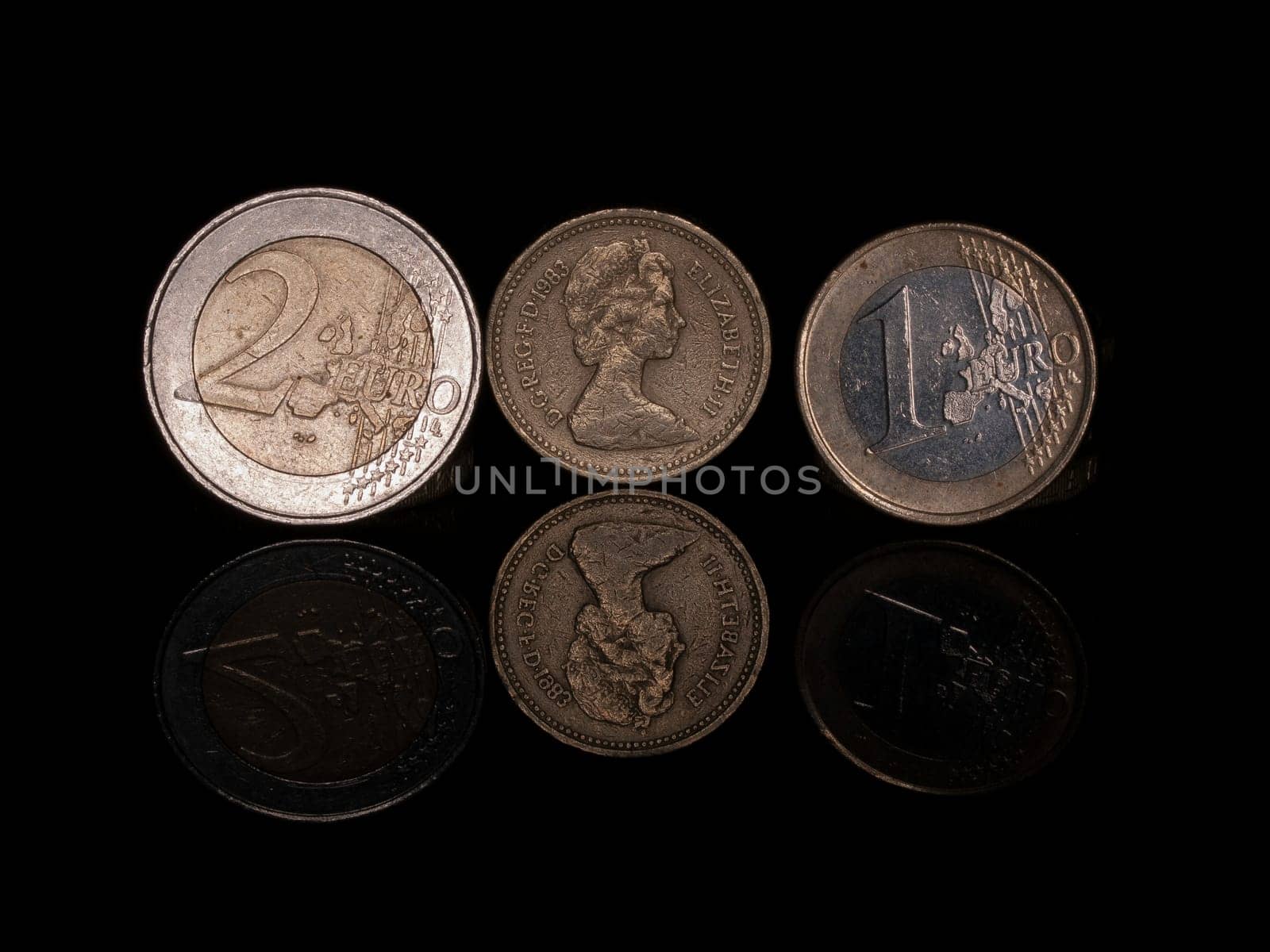 Pound and Euro coins on Black