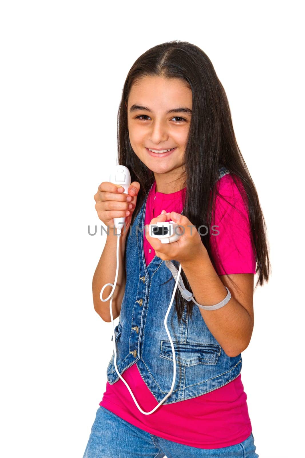 A teenage girl playing video game, isolated on white background