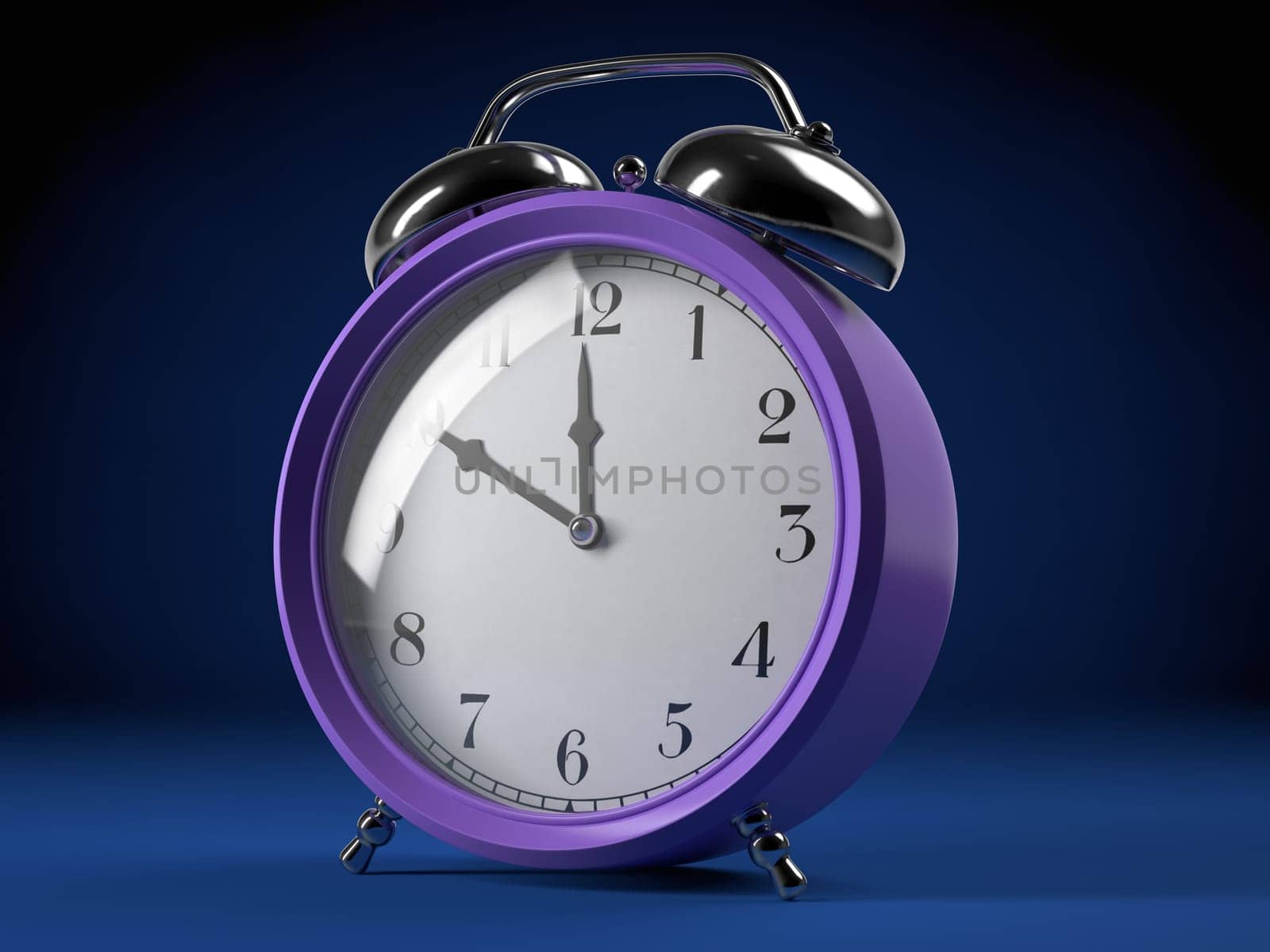 Photo of a purple alarm clock on blue backdrop.