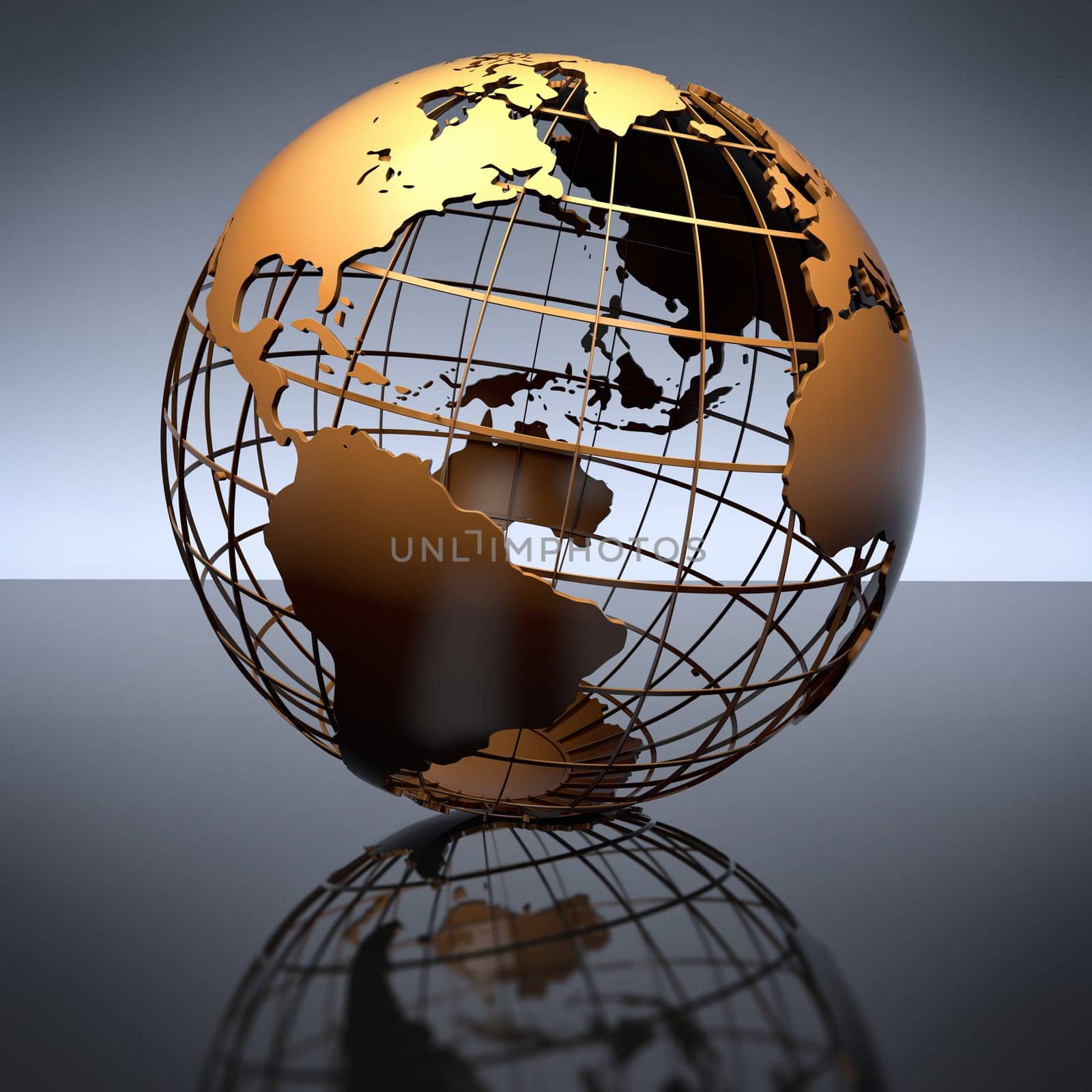 A metal globe on a reflective studio background. Includes clipping path.