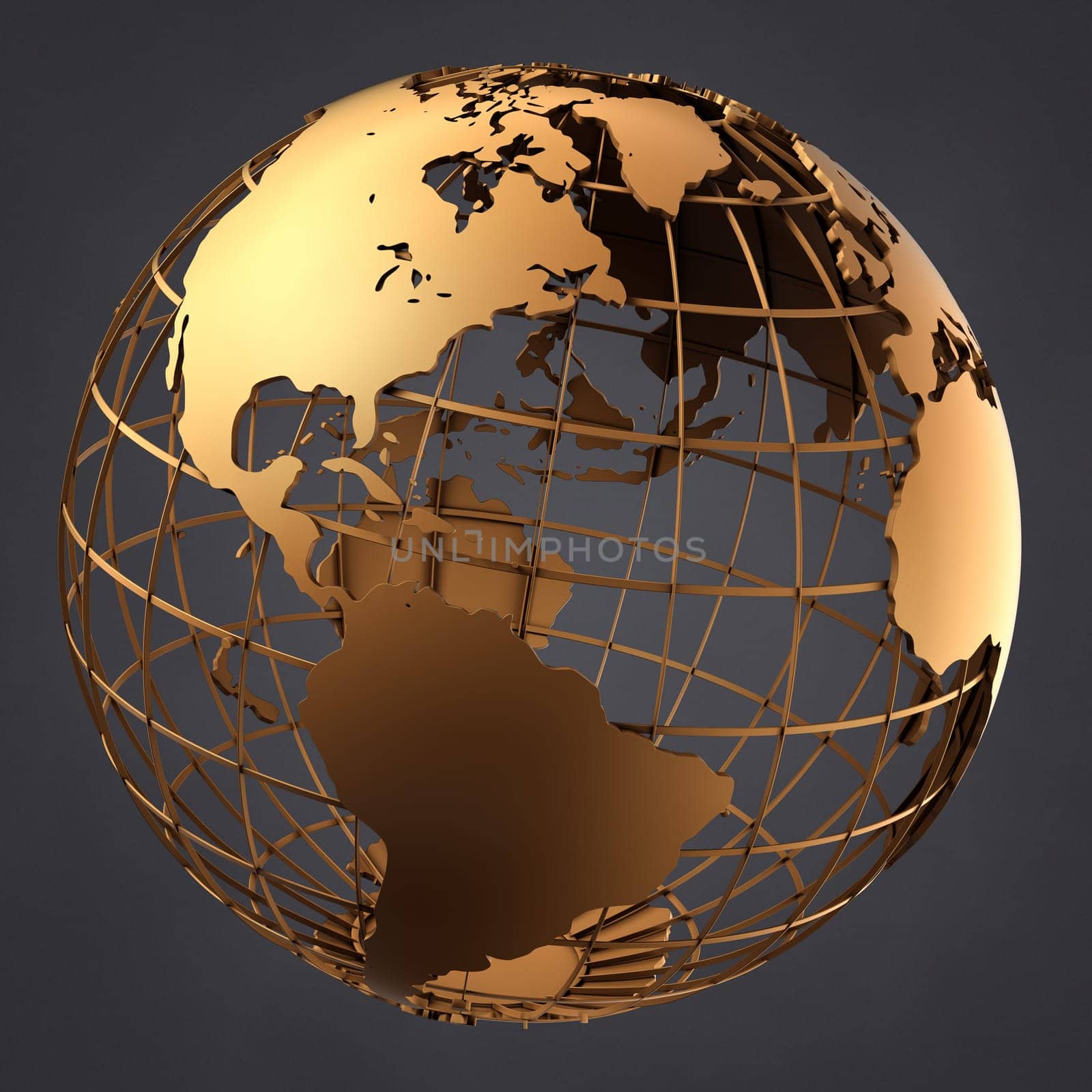 Photo of a gold globe on a dark grey background.