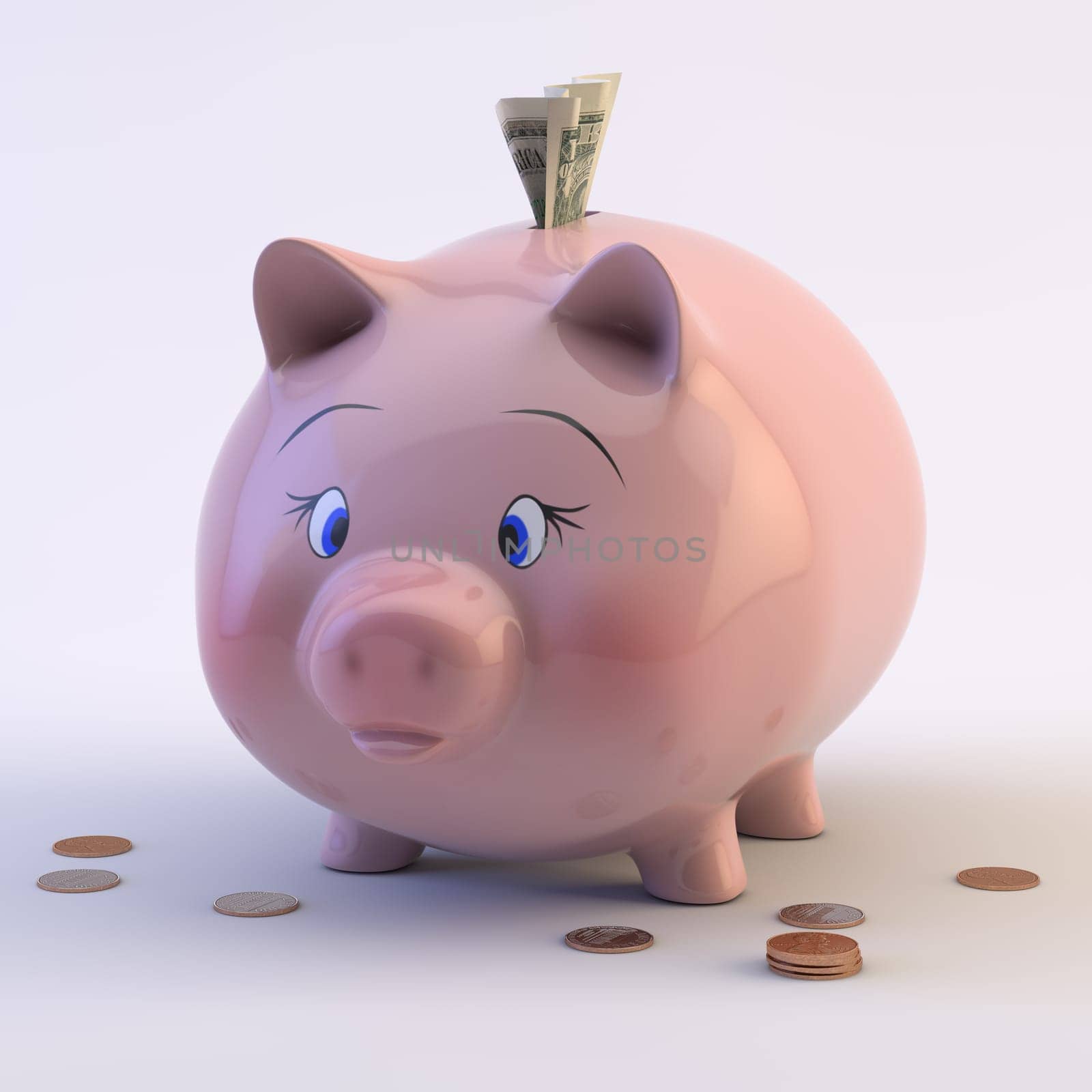 Photo of a piggy bank with US coins & bills on a white backdrop.