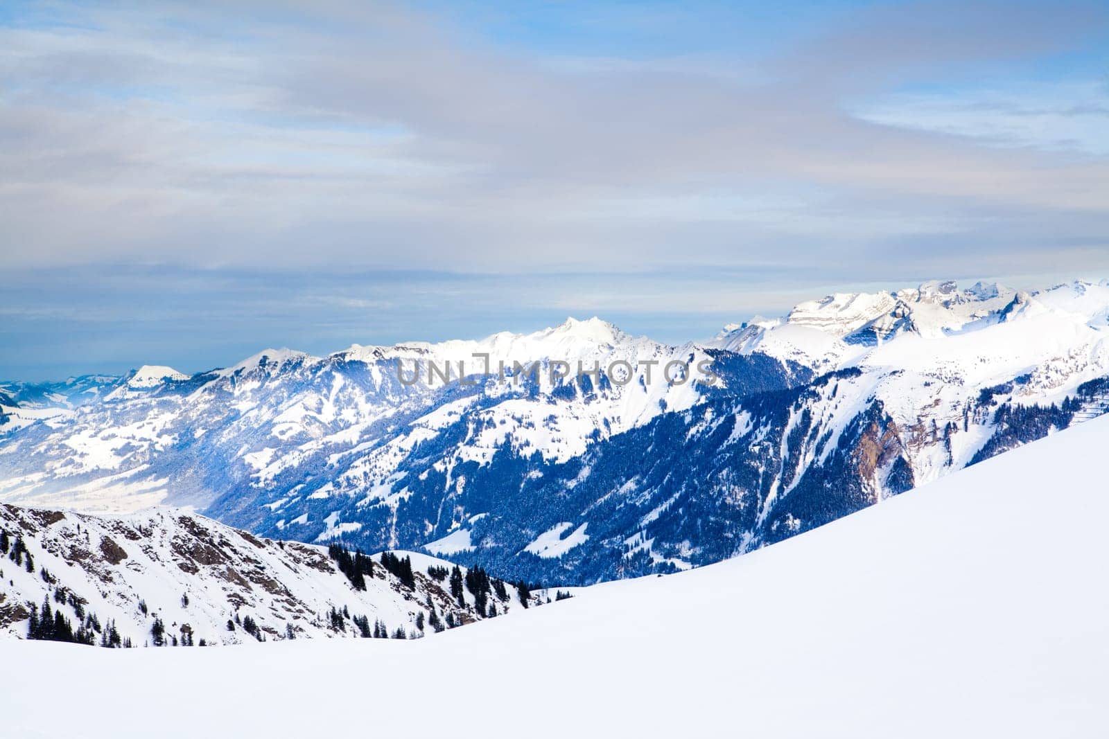 Landscape of the mountains covered with snow. Snowy Mountain.