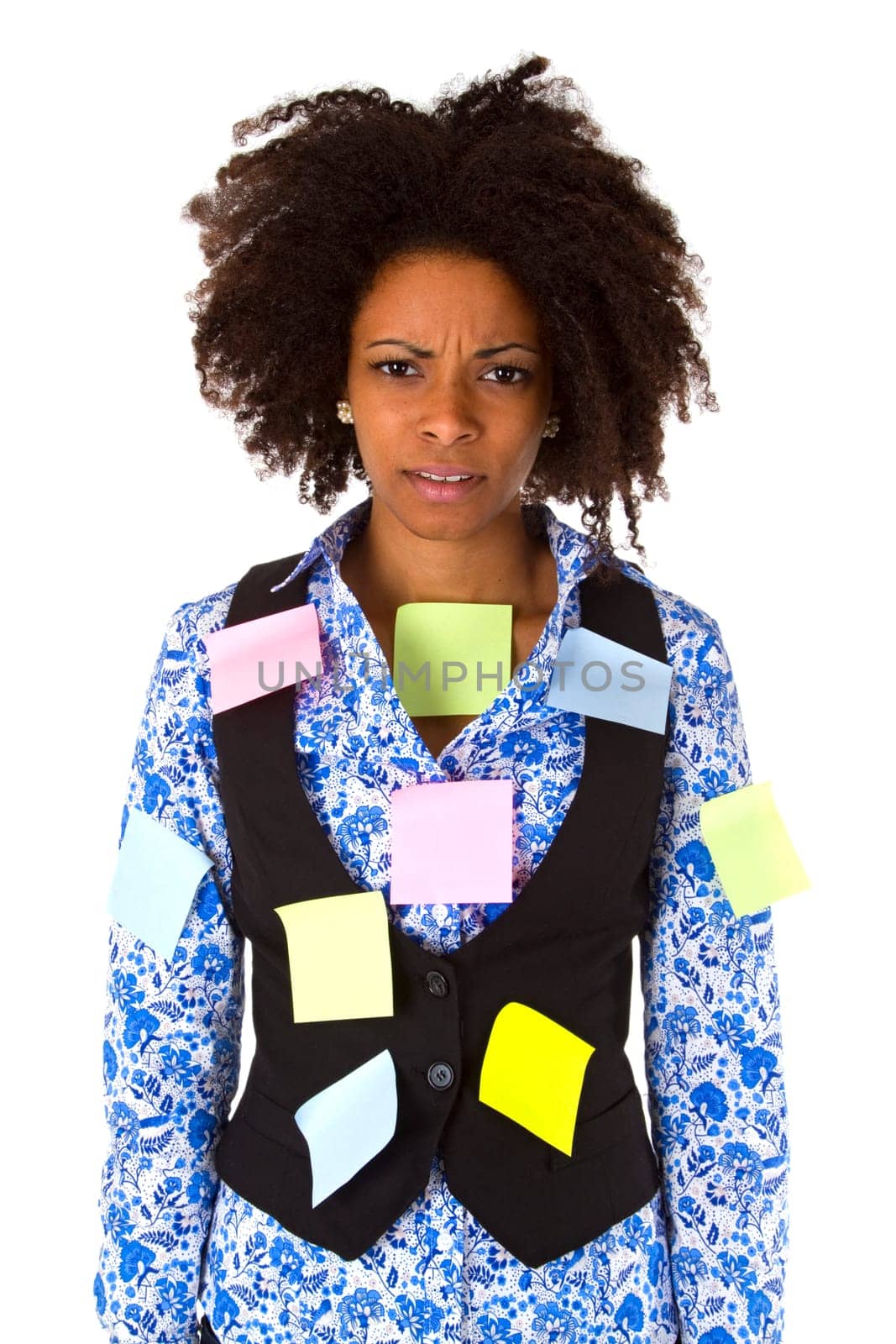 Young african american woman with post-it note - isolated on white background