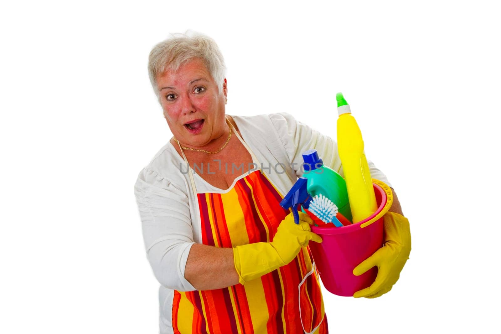 Senior woman with cleaning supplies - exposed on white background