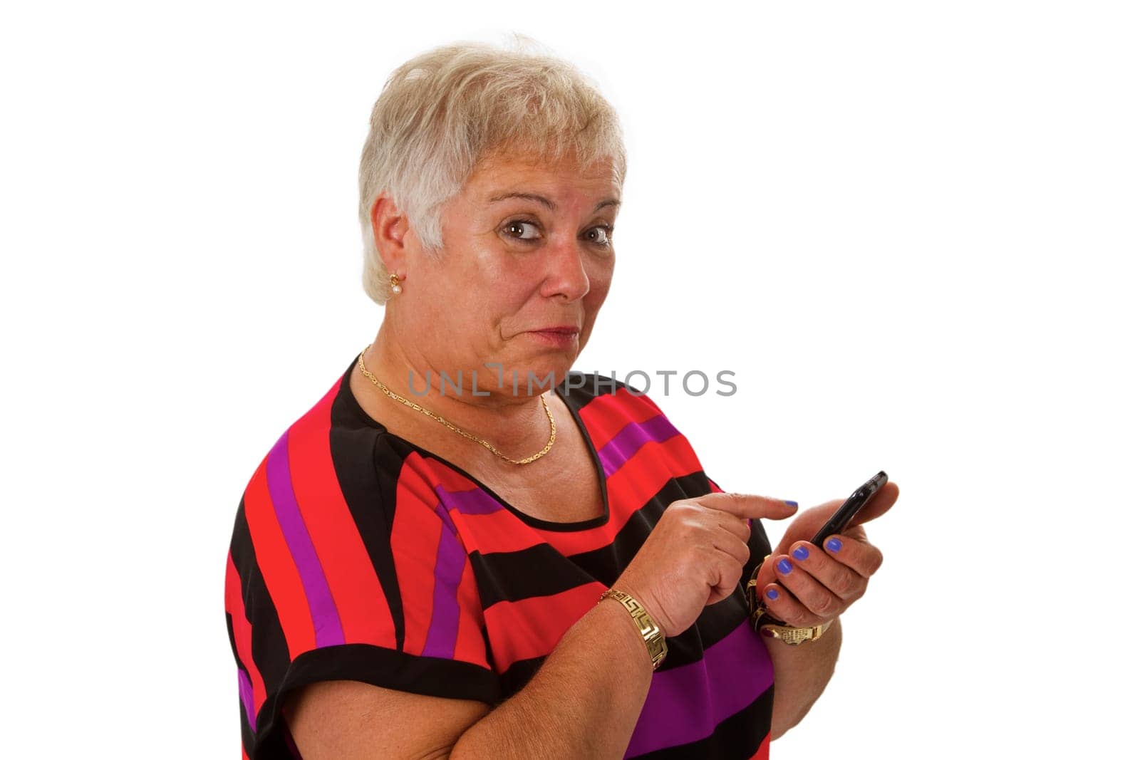 Senior woman typing text message - isolated on white background