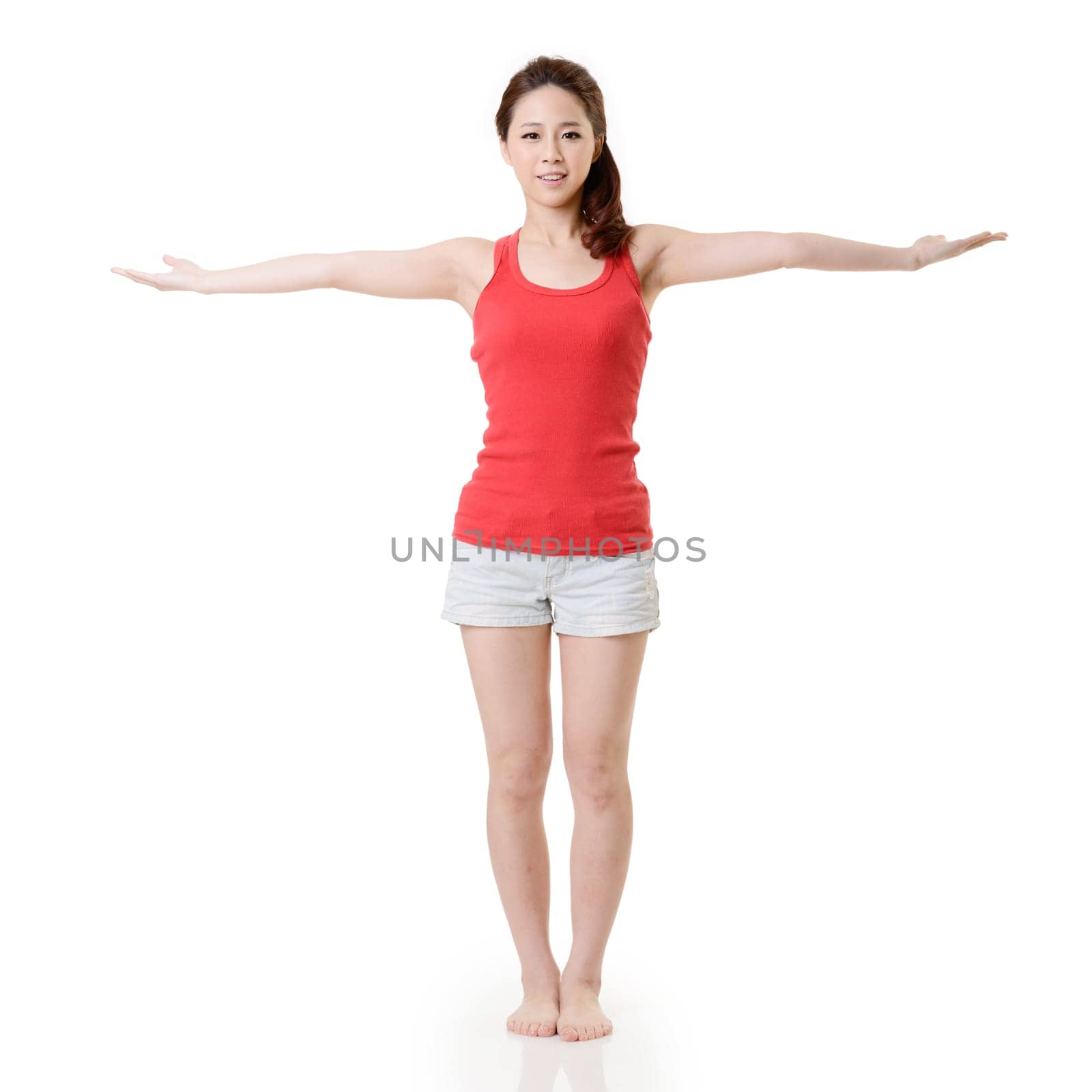 Yoga Asian sport girl, full length portrait isolated on white background.